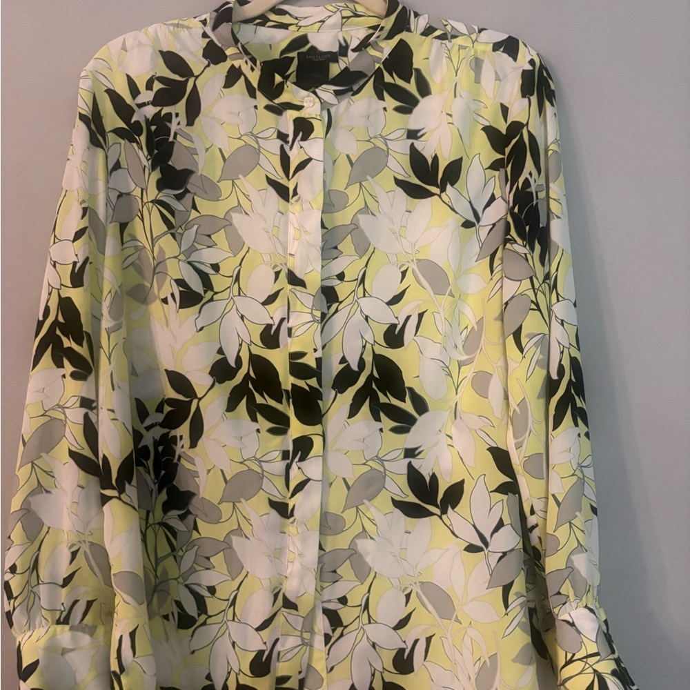 Ann Taylor Factory Yellow and Black Leaf Print Blouse Large